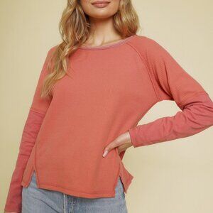 MYSTREE Waffle Knit Thermal Long Sleeve Top, Coral Pink, Casual Cozy Basic